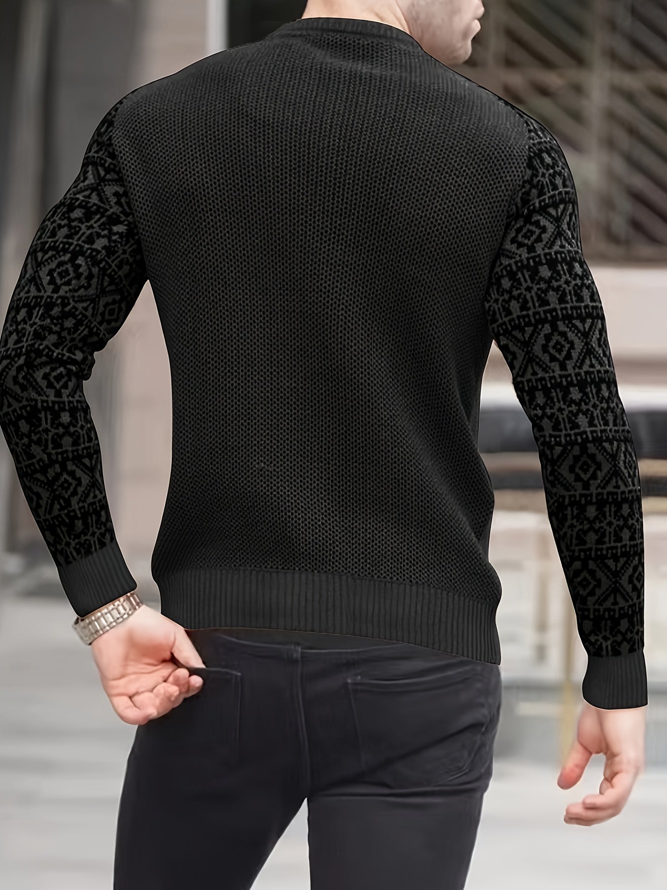 Waffle Trendy Patchwork Sweatshirt, Men's Casual Ethnic Pattern Sleeves Crew Neck Sweatshirt For Men Fall Winter