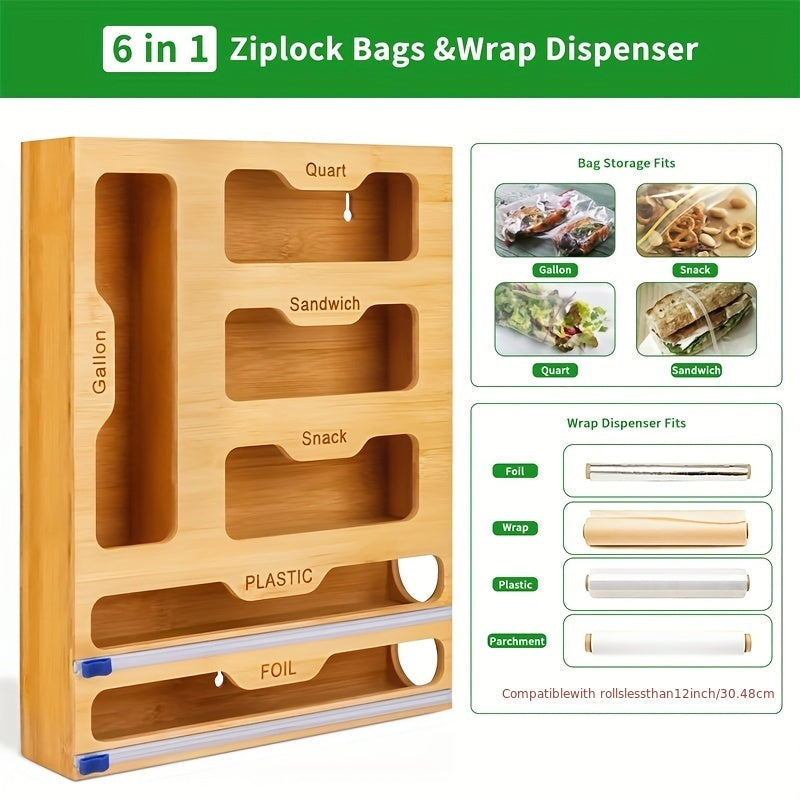 Organizador de bolsas Ziplock de bambú de 1 pieza y organizador de envoltura de plástico y papel de aluminio, organización y almacenamiento de papel de aluminio, dispensador de envoltura de plástico con cortador para cajón de cocina para galón, cuarto de 