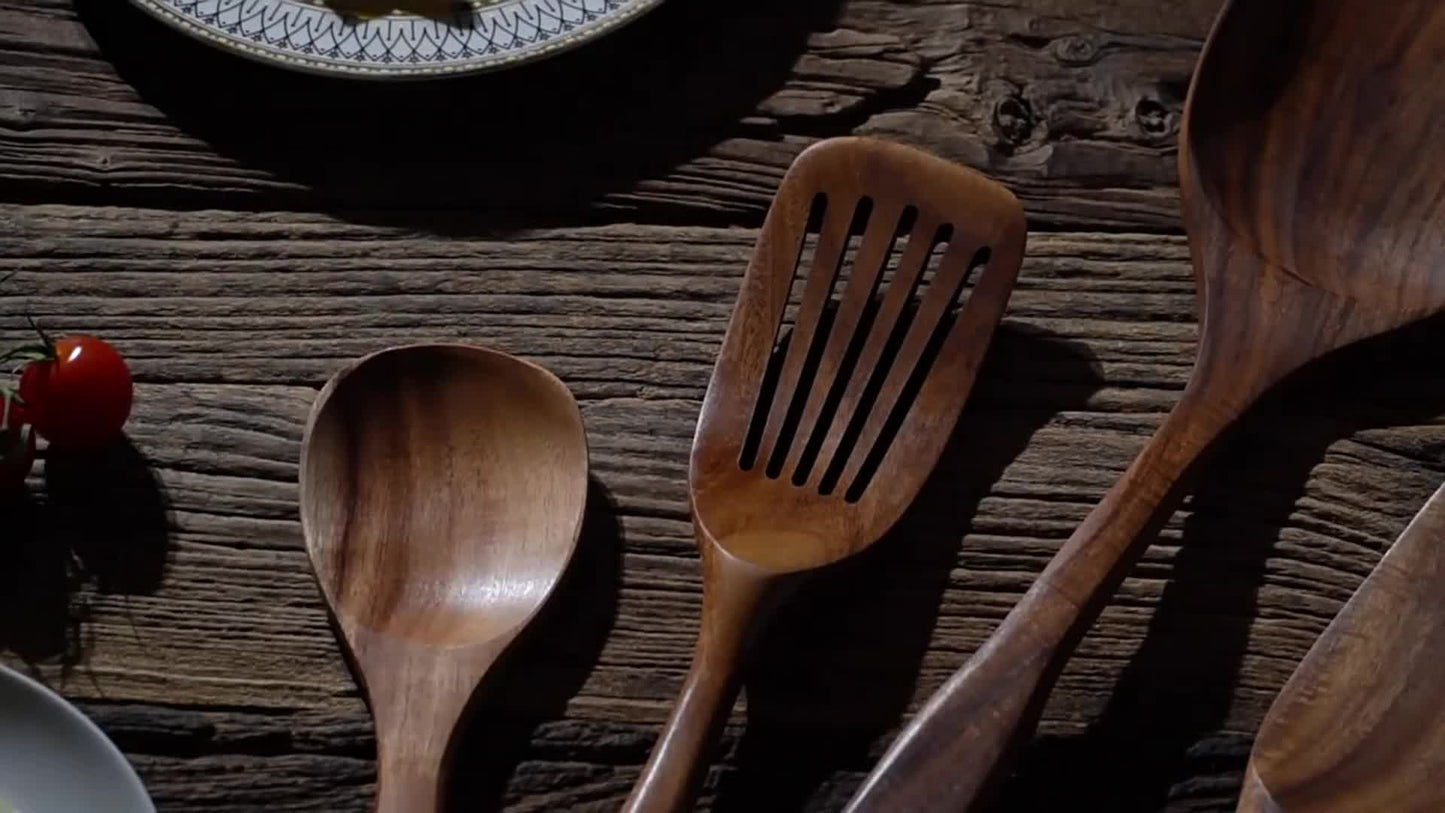 7 colheres de madeira de teca natural dos pces para cozinhar-conjunto de espátula antiaderente com aperto confortável-perfeito para material de volta às aulas