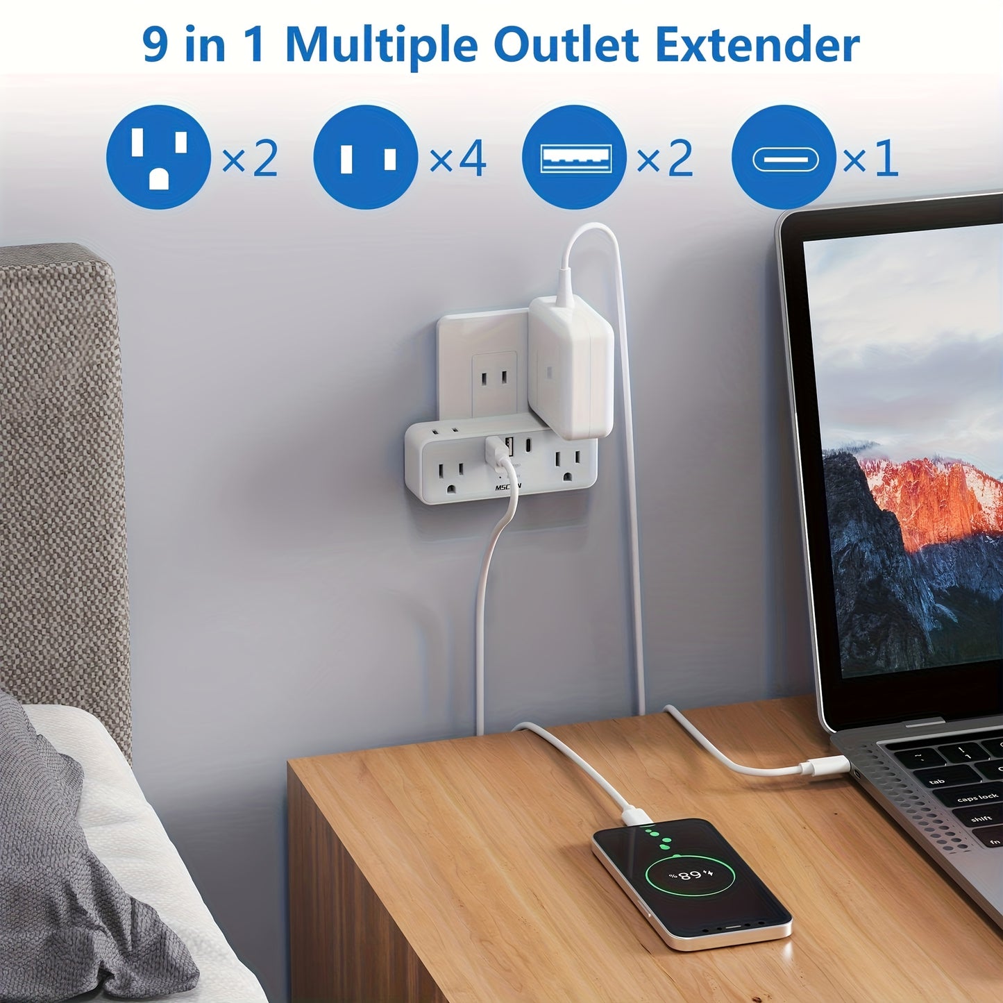 1pc US Plug Wall Socket With 2 USB 1 Type-C Charging Ports, Socket Extension, Surge Protection 6 Outlets Wall Charger With Hidden Plug, Travel Plug Adapter, America Japan China Mexico (Type A Plug)