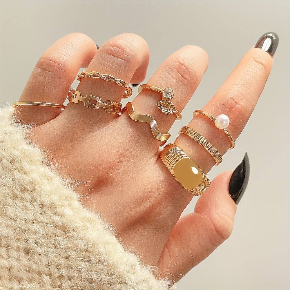 8pcs Y2k Style Stacking Rings Trendy Leaf \u002F Wave \u002F Chain Design Inlaid Rhinestone Mix And Match For Daily Outfits Party Accessories