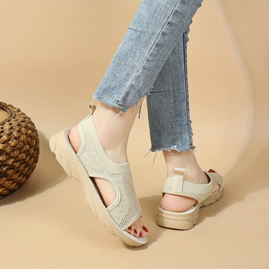 Women's Solid Color Knitted Sandals, Elastic Straps Platform Soft Sole Summer Shoes, Slingback Stretch Beach Shoes