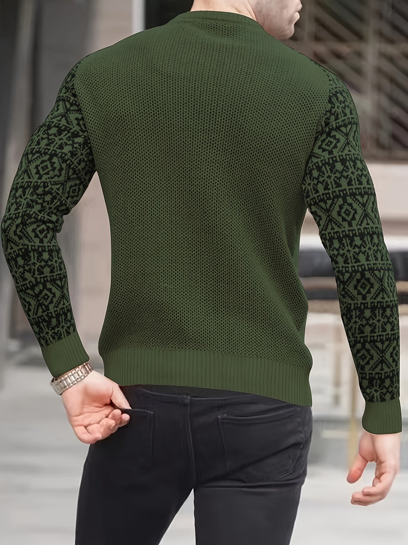 Waffle Trendy Patchwork Sweatshirt, Men's Casual Ethnic Pattern Sleeves Crew Neck Sweatshirt For Men Fall Winter