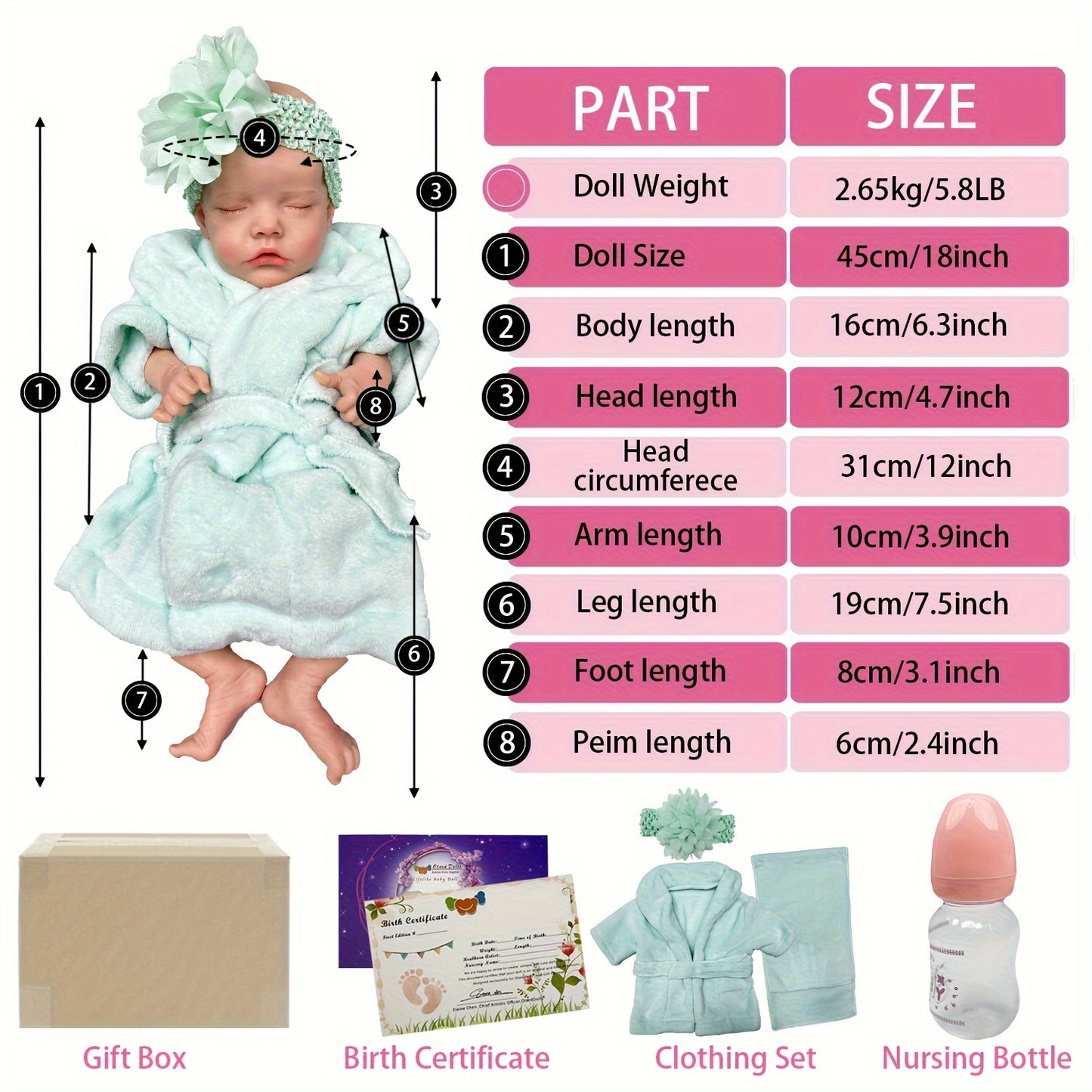 17.72 Inch Whole Soft Silicone Reborn Dolls, Painted Sleeping Realistic Full Body Soft Solid Silicone Reborn Dolls, Christmas Gift