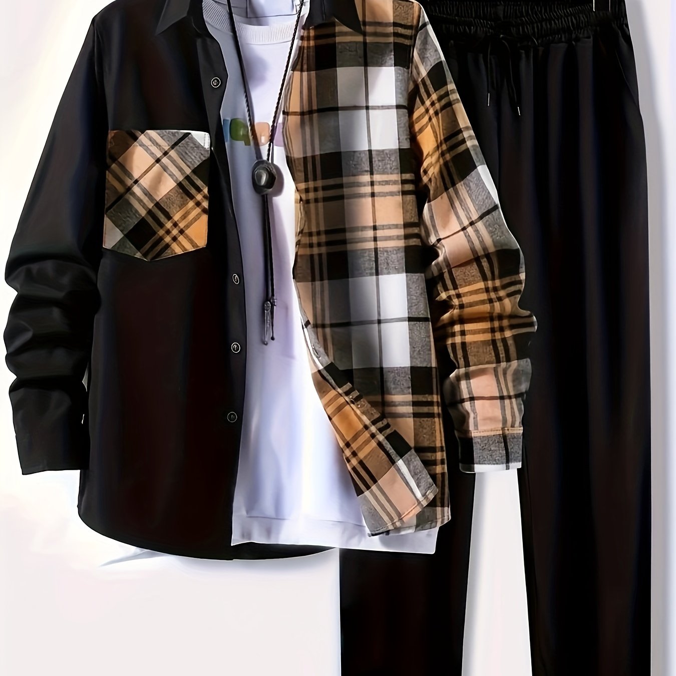 Plus Size Men's Plaid Shirt & Pants Set For Spring\u002Fautumn, Oversized Loose Fit 2Pcs Outfits For Workout\u002Foutdoor, Men's Clothing