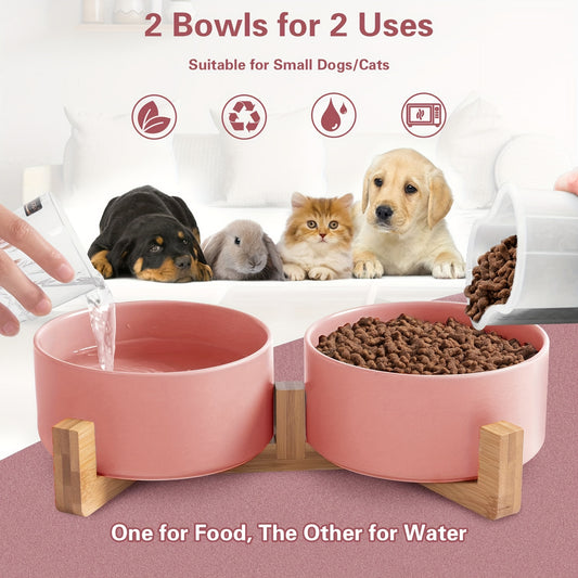 Elevated Pet Double Bowls, Ceramic Non-slip Cat Food And Water Bowl With Wooden Stand, Easy To Clean Cat Feeding Basin For Small Sized Cats And Dogs .