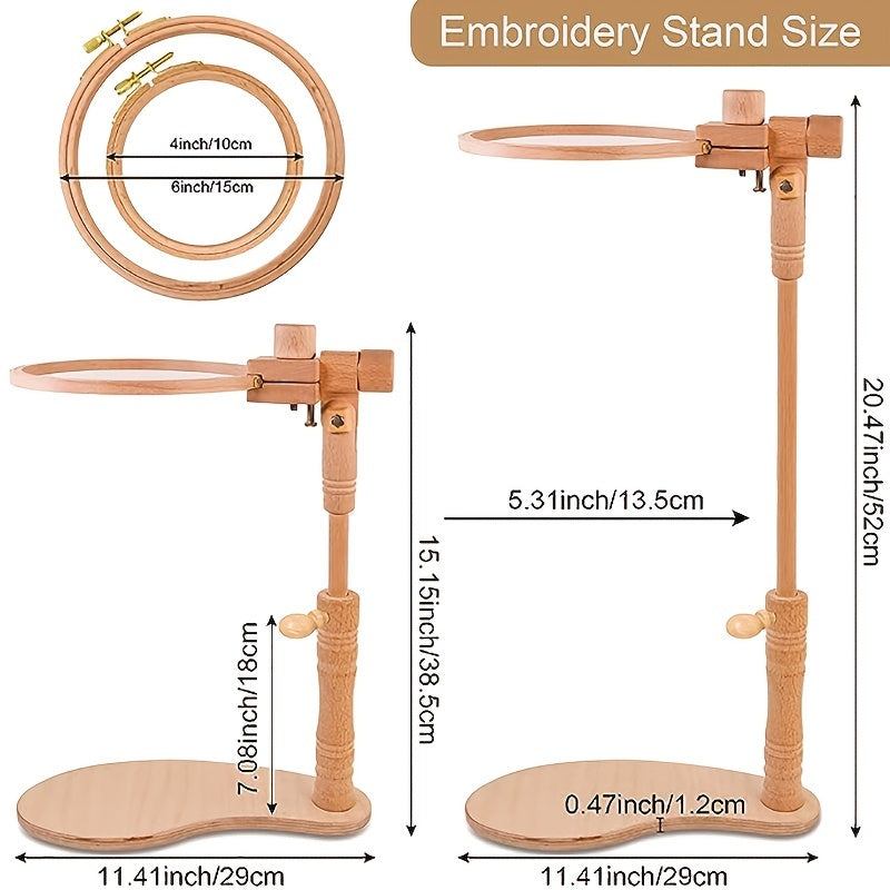 1set Wooden Tall Embroidery Stand Set, Adjustable Cross Stitch Hoop Stand Holder With 4''-6'' Embroidery Hoops, Rotatable Embroidery Frame Lap Stand Hands Free Sewing Tool For Cross Stitch Project