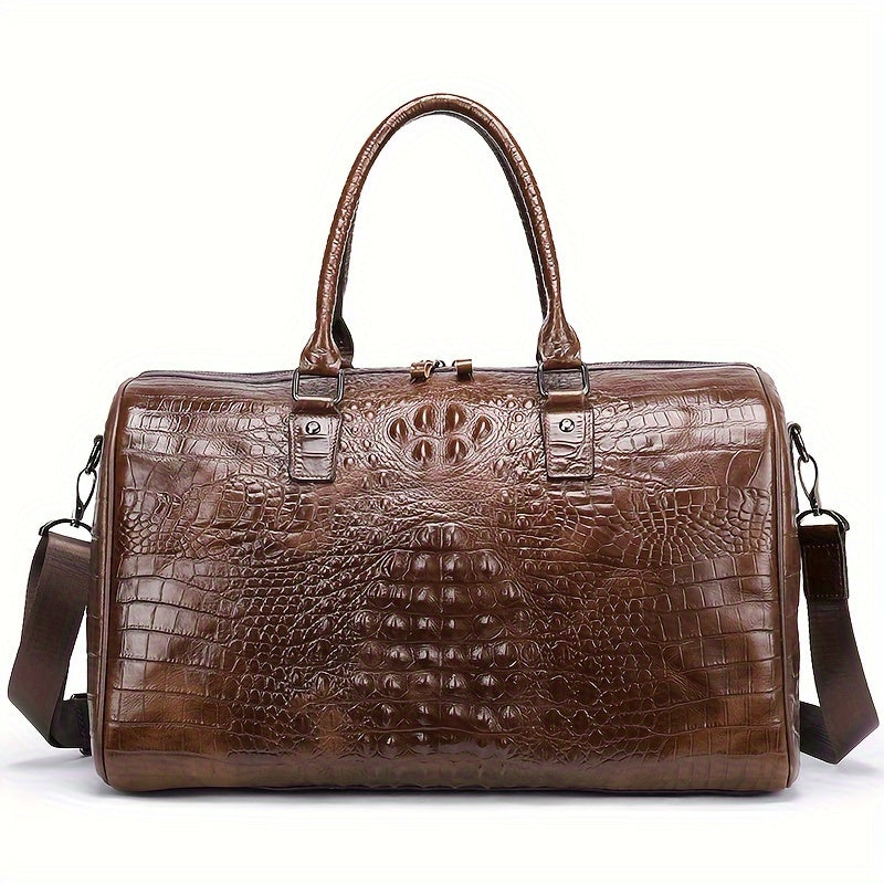 1pc Men's Crocodile Pattern Travel Bag, Casual Top Layer Cowhide Traveling Large Bag