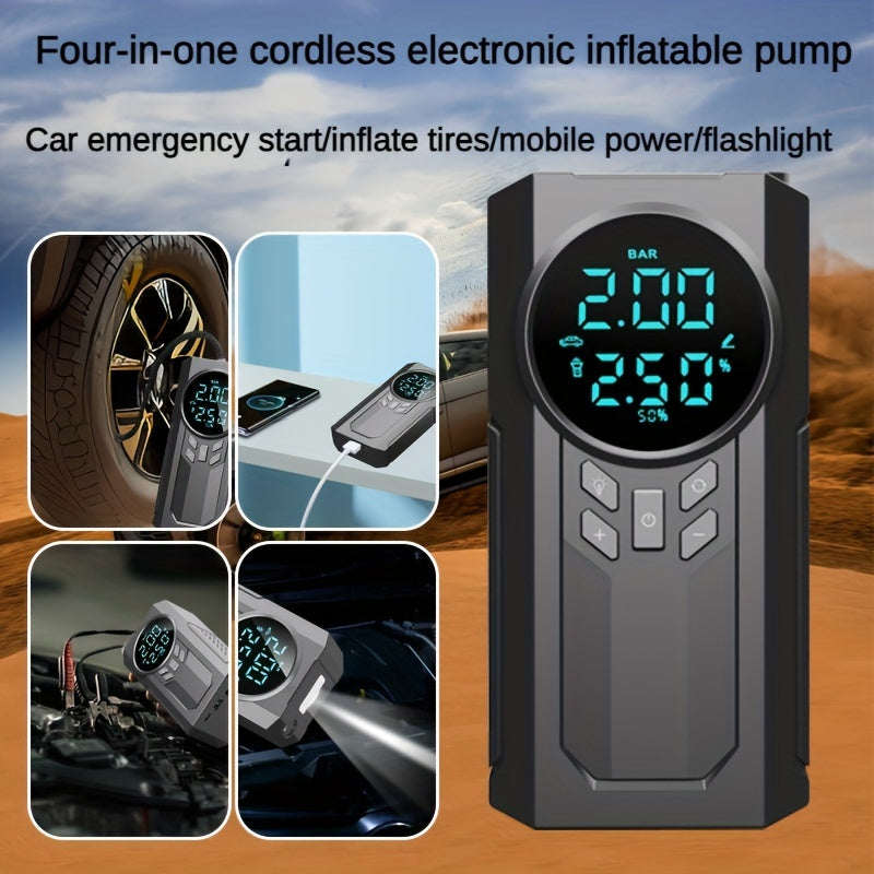 Portable cordless car battery emergency starter, tire air pump, air compressor to easily inflate tires, LED display, with flashlight, mobile power supply, large capacity storage