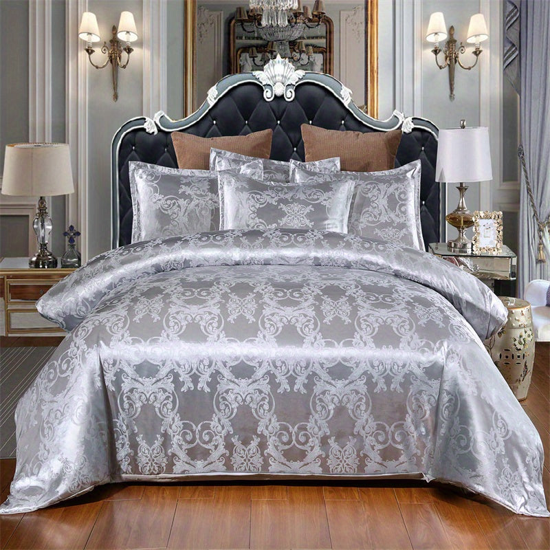 Conjunto luxuoso de capa de edredom jacquard de cetim europeu de 3 peças - roupa de cama macia e sedosa para quarto e quarto de hóspedes (capa de edredom de 1 peça + fronhas de 2 peças)