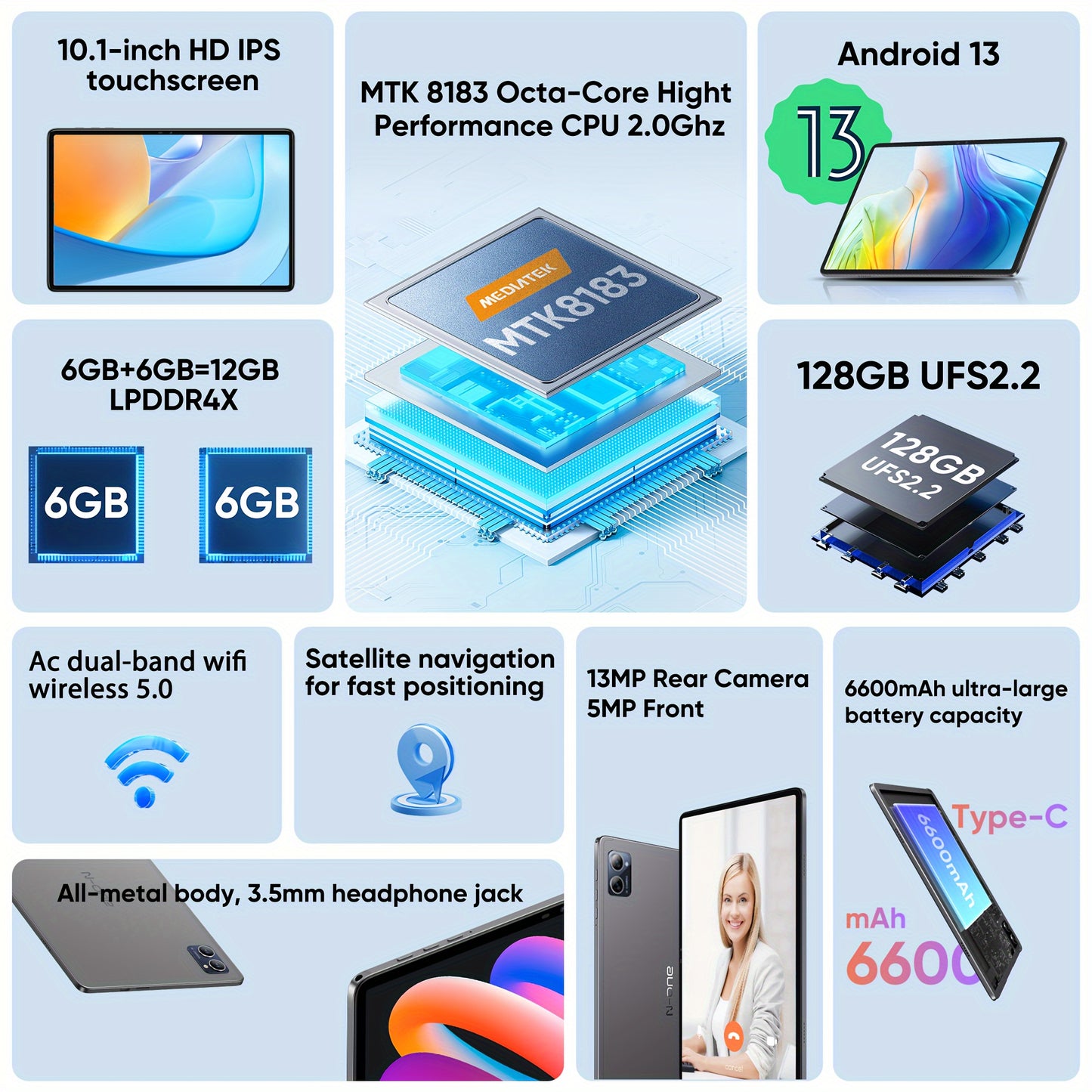 N-one Npad Q 10.1 Inch IPS Screen, MTK8183 Octa-Core 2.0Ghz, 6GB+6GB RAM 128GB ROM, Camera 5MP+13MP, For Android 13, 6600mAh Battery, Free Gift For Case And Keyboard