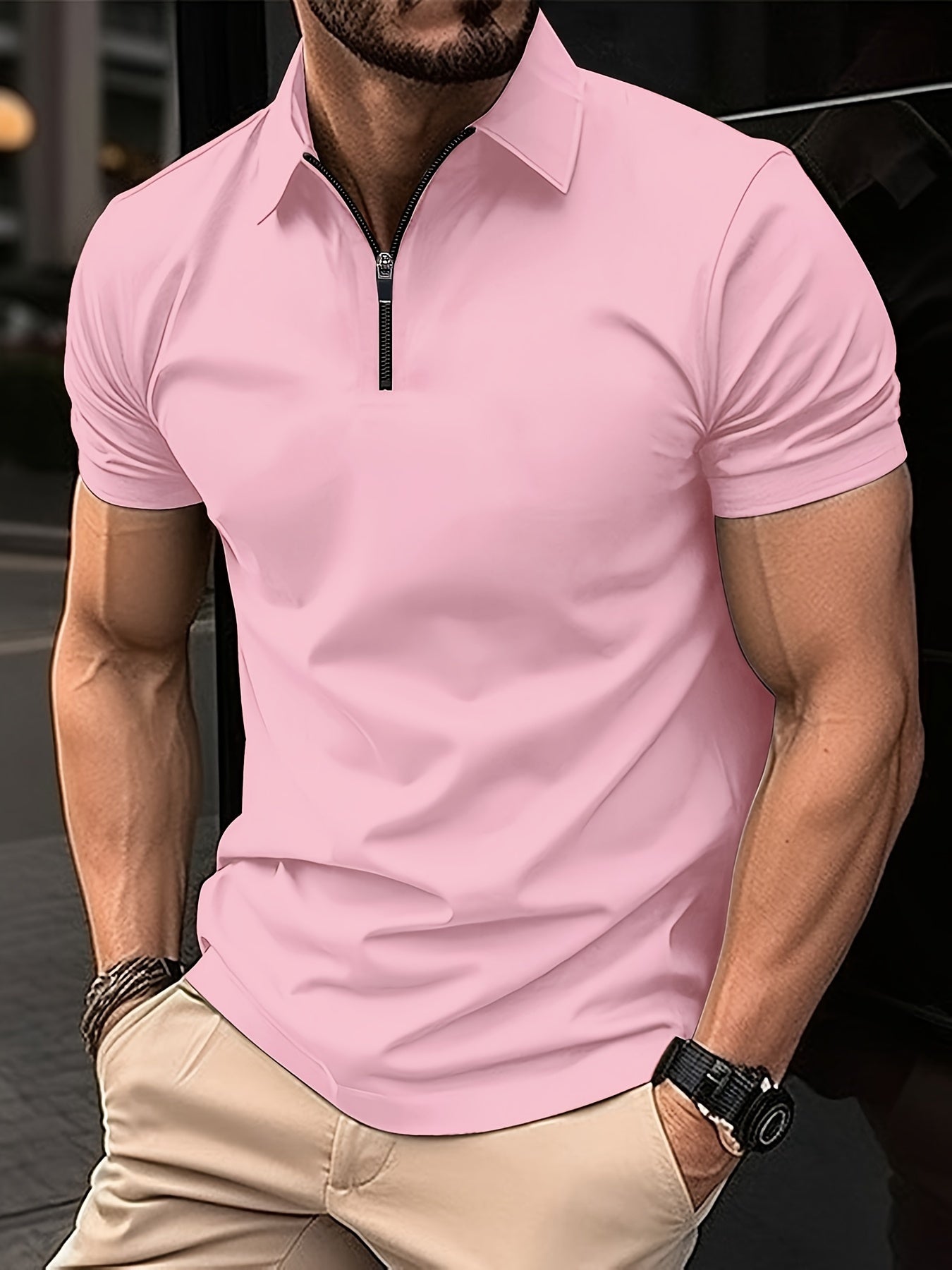 Camisa esportiva masculina casual de estiramento médio de manga curta