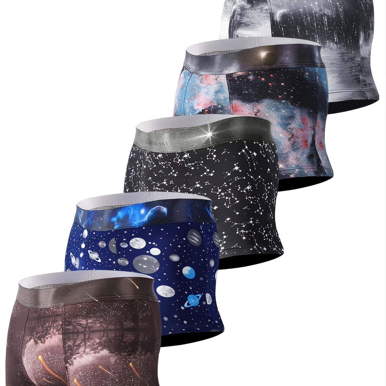 5pcs Men's Galaxy Print Stretch Ice Silk Boxer Briefs Underwear