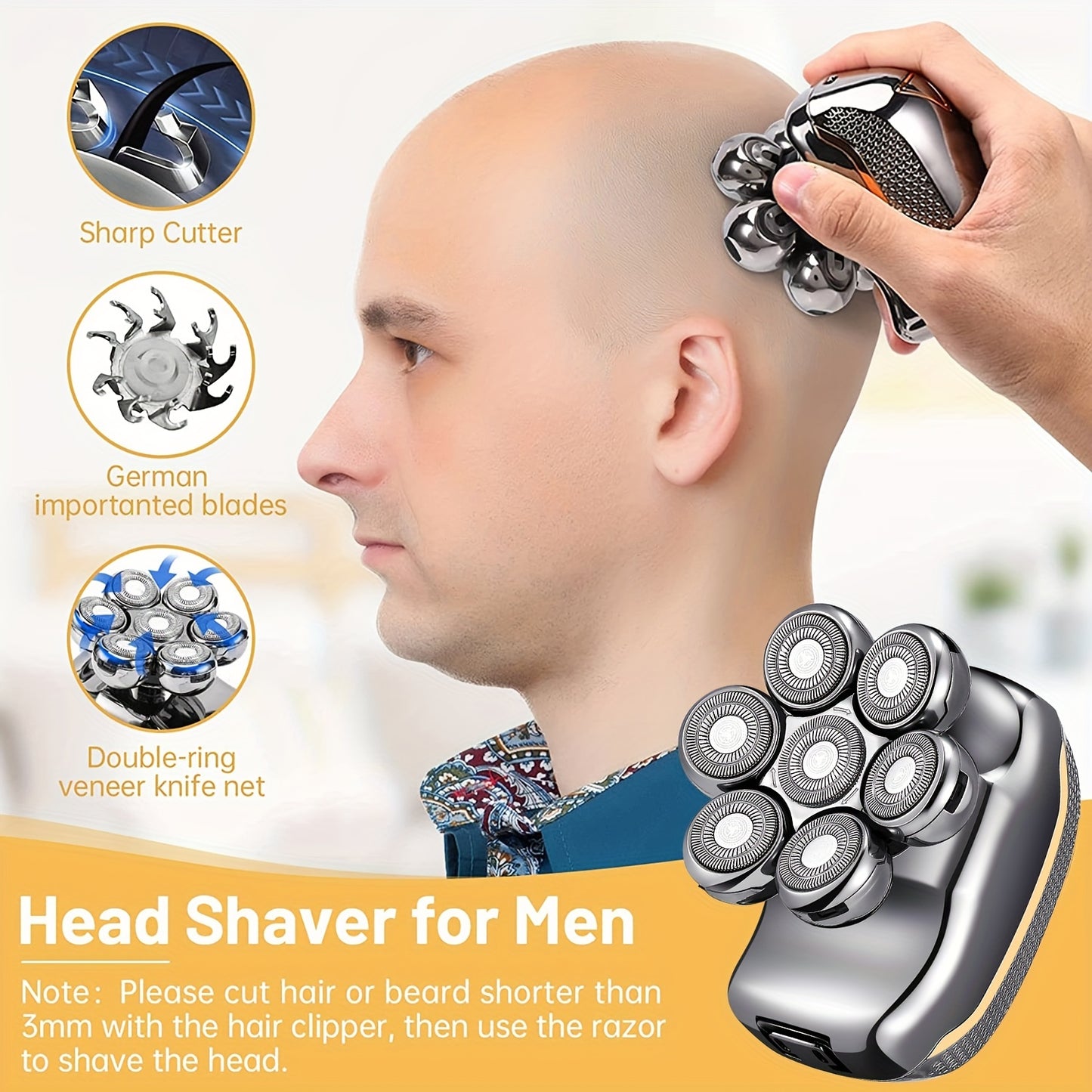 Men's Electric Head Shaver Razor, Men's shaver - Rechargeable Cordless Hair Shaving Razors For Bald Man 6 In 1 Waterproof Wet Dry Beard Trimmer Body Hair Cutting Clipper Grooming Kit 7 Rotary Heads (Gray)