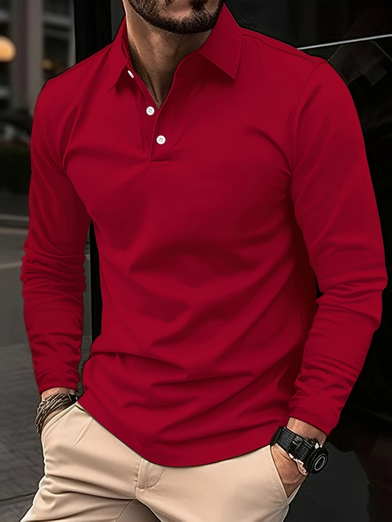 Solid Color Men's Comfy Stretch Long Sleeve Golf Lapel Shirt, Spring Fall, Gift For Men