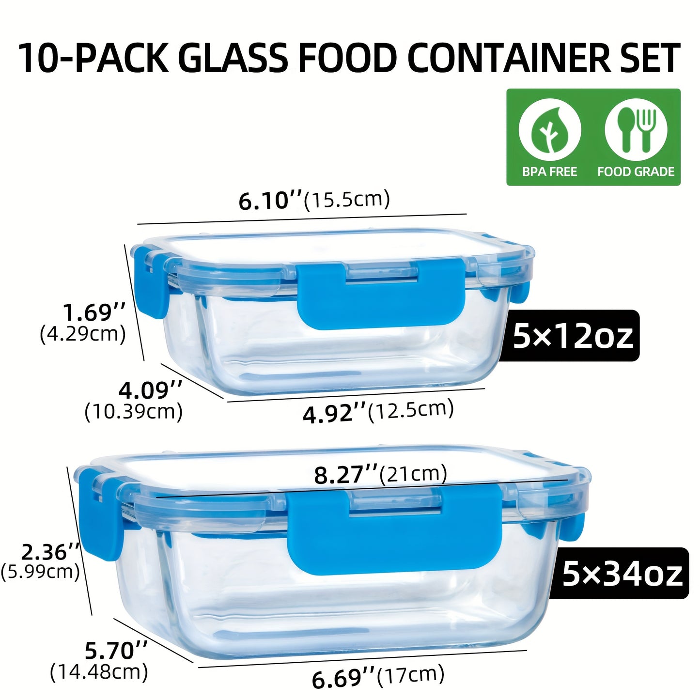 10pcs Set Glass Food Storage Containers Set With Leakproof Airtight Lids, Glass Meal Prep Containers, Lead-Free, Microwave, Oven, Freezer And Dishwasher Safe, Meal Prep Box, Lunch Box, Kitchen Supplies