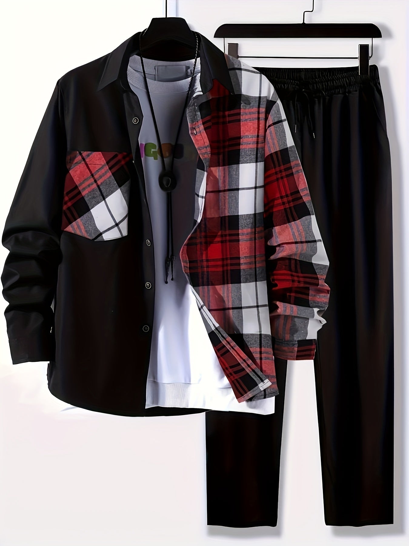 Plus Size Men's Plaid Shirt & Pants Set For Spring\u002Fautumn, Oversized Loose Fit 2Pcs Outfits For Workout\u002Foutdoor, Men's Clothing