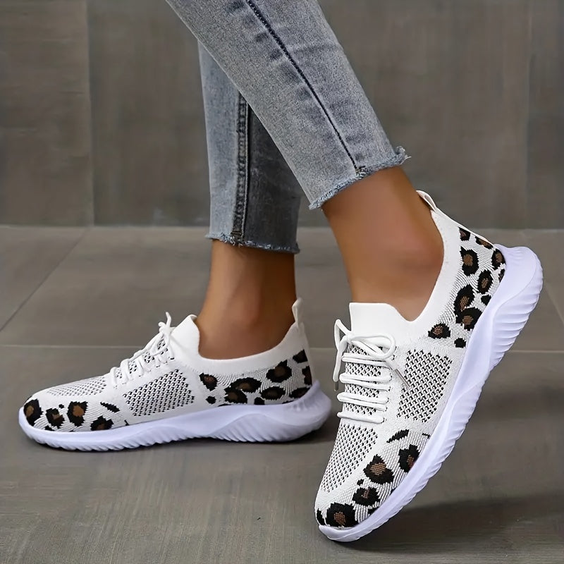 Women's Breathable & Lightweight Sneakers, Leopard Pattern Lace-up Running Shoes, Women's Footwear