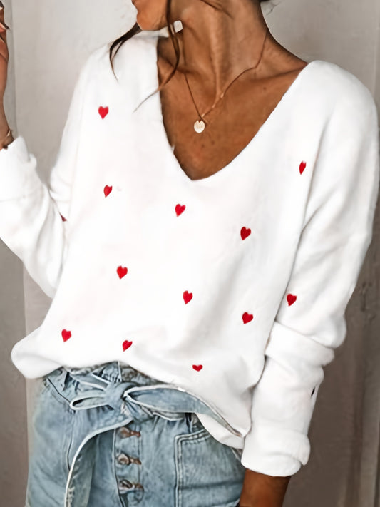 Heart Pattern V Neck Sweater, Casual Long Sleeve Sweater For Spring & Fall, Women's Clothing