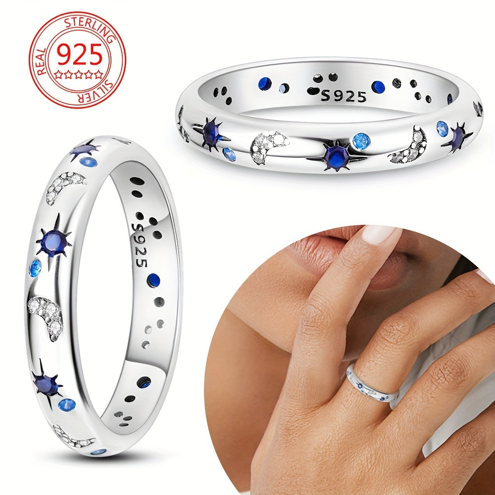 1 unid 925 anillo de plata esterlina Luna y estrella Pegatinas para uñas con incrustaciones rhinestone diseño creativo mostrando personalidad