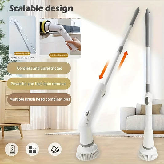 1 Set Electric Spin Scrubber, Power Cleaning Brush, Long Handled Shower Scrubber, Tub Tile Scrubber With 6 Replaceable Brush Heads, Cordless Power Scrubber, With USB-C Charging Cord, For Bathroom, Kitchen, Floor, Tile, Tub, Cleaning Tool