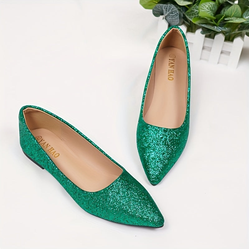 Women's Glitter Design Flat Shoes, Elegant Point Toe Slip On Shoes, Lightweight & Comfortable Shoes