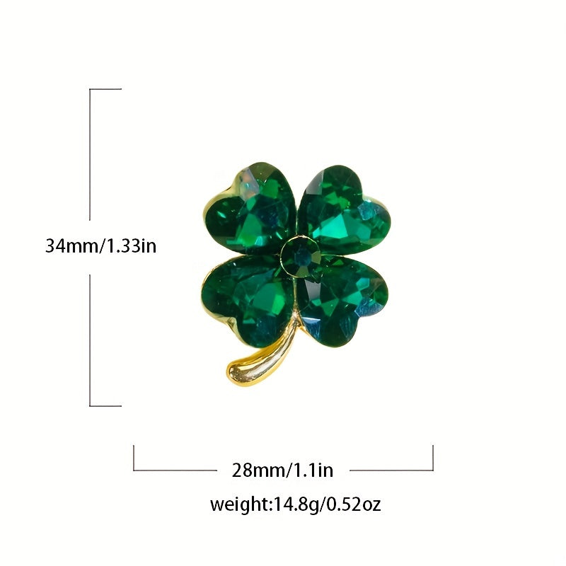 Good Luck Charm: Lucky Green Four-Leaf Clover Crystal Brooch for Women's Clothing and Accessories