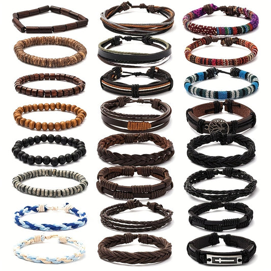 24pcs Vintage Leather Braided DIY Bracelet Set For Men Gift Party Daily Decoration