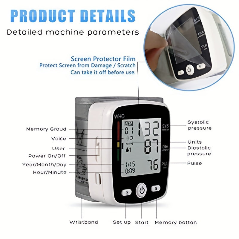 1pc Portable Rechargeable Digital Blood Pressure Monitor With LCD Display, 2 X 99 Readings Memory For Home & Health Monitoring (Built-in Lithium Battery)