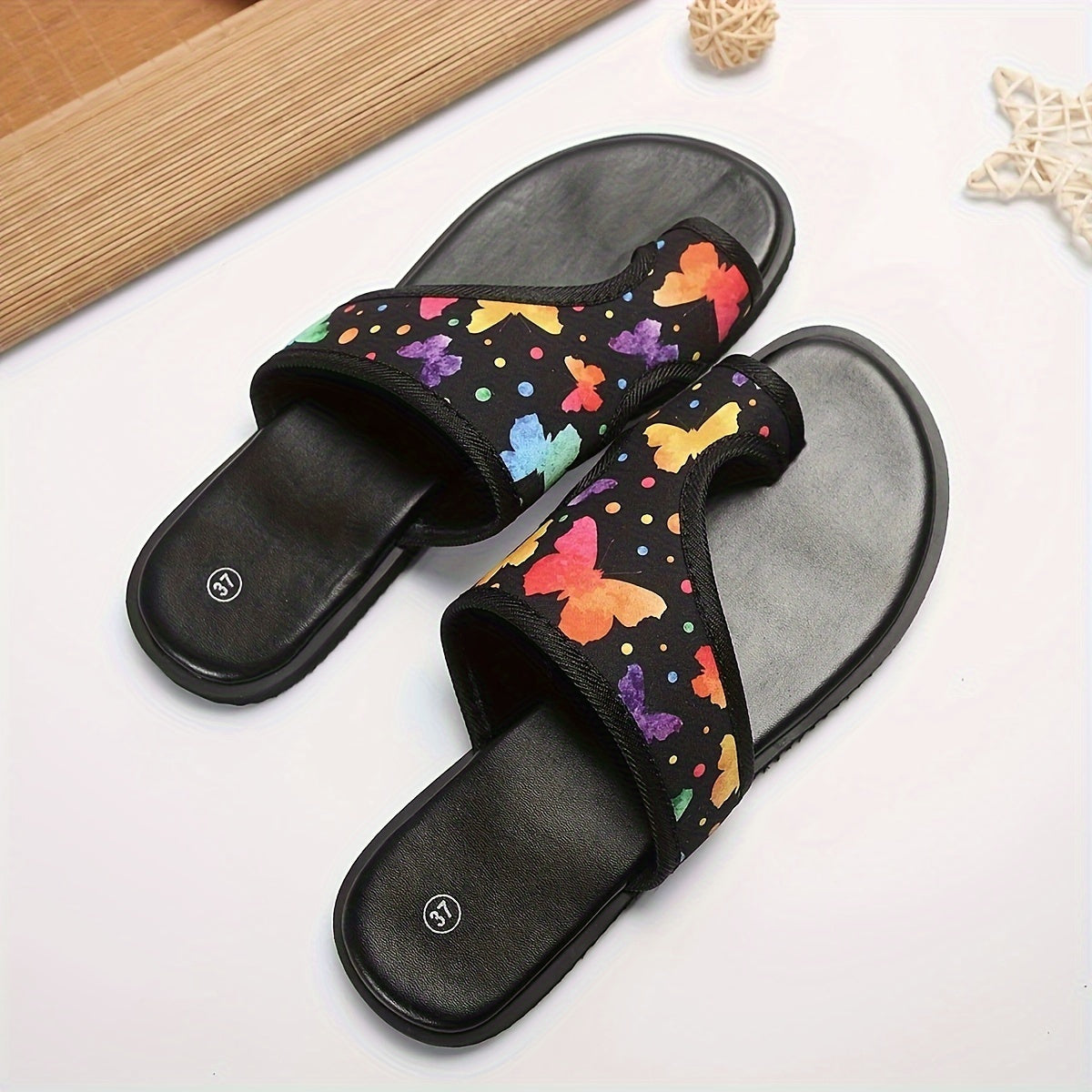 Women's Butterfly Print Slides, Fashion Toe Loop Slip On Flat Shoes, Casual Summer Beach Slides