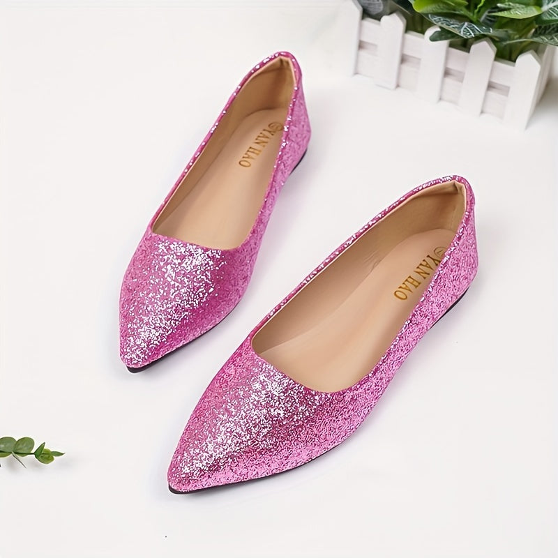 Women's Glitter Design Flat Shoes, Elegant Point Toe Slip On Shoes, Lightweight & Comfortable Shoes