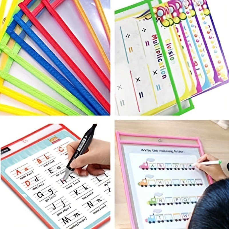 10pcs Dry Erase Pockets Heavy Duty Dry Erase Ticket Holder Pockets Multicolored Sheets Clear Plastic Reusable Sleeves Write And Wipe Pockets Teacher Supplies For Classroom Organization