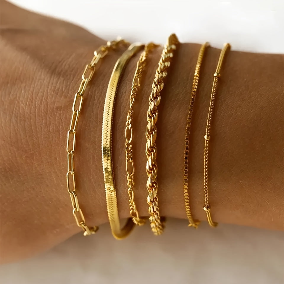 5pcs Multi Layers 14K Gold Plated Thin Chain Bracelet Set Simple Style Hand Chain Jewelry For Women