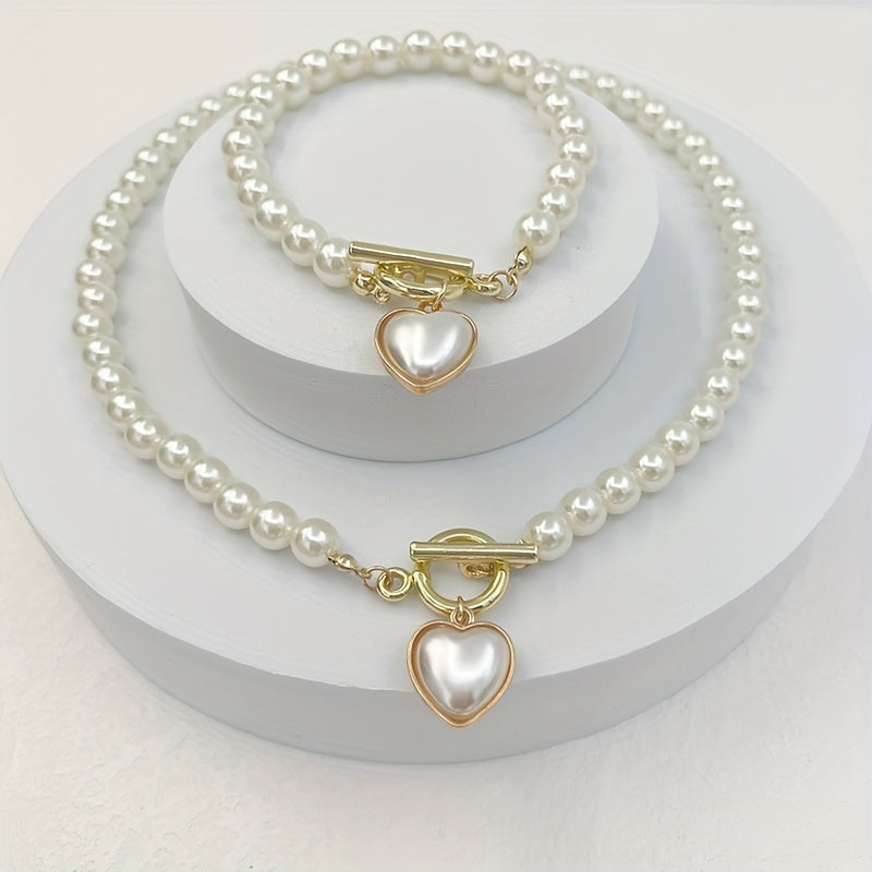 2pcs Necklace + Bracelet Chic Jewelry Set Classy OT Buckle & Sweet Heart Design Made Of Milky Stone 14k Gold Plated Match Daily Outfits Gift For Female