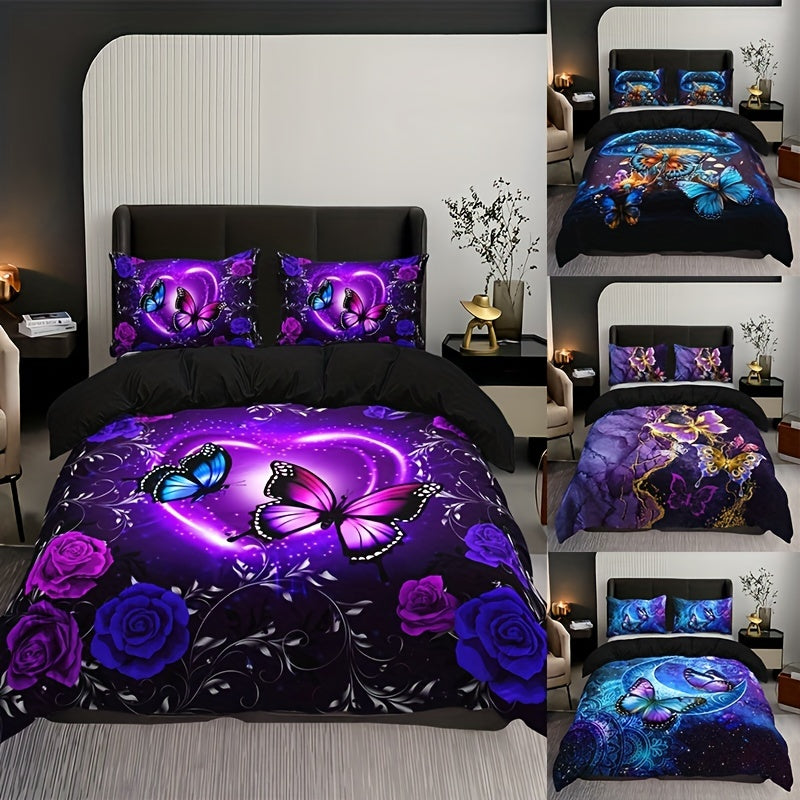 3pcs Duvet Cover Set, Fashion Classic Popular Butterfly Flower Digital Print Bedding Set, Soft Comfortable Duvet Cover, For Bedroom, Guest Room (1*Duvet Cover + 2*Pillowcase, Without Core And Quilt)