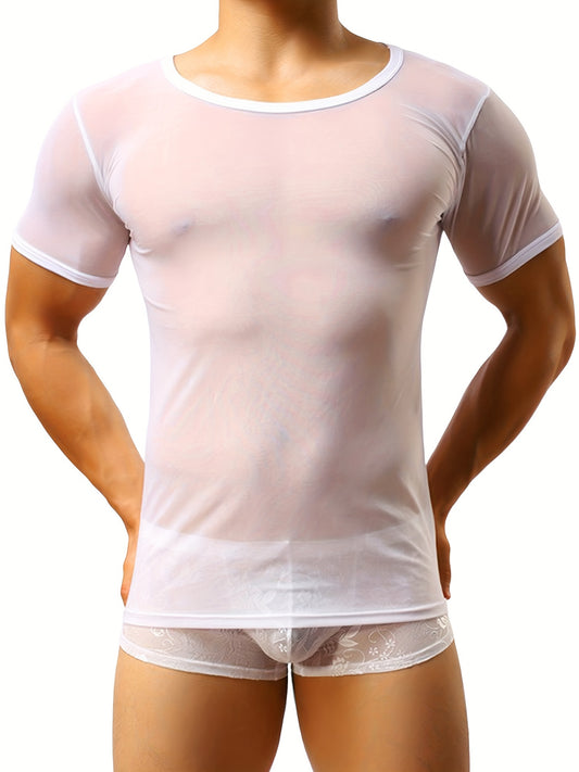 Men's Sexy Underwear Short Sleeve T-Shirt Mesh Top Undershirt Nightwear