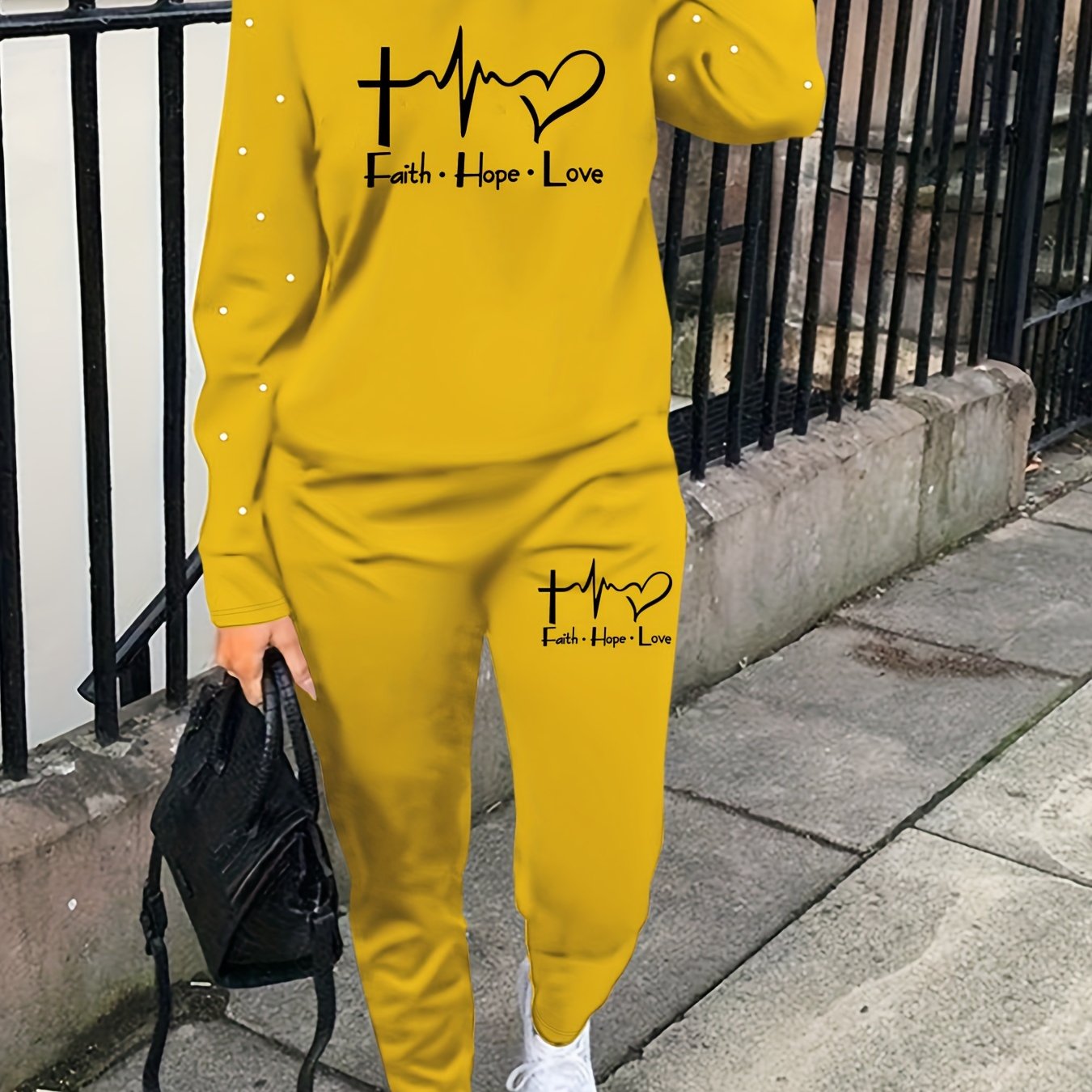 Graphic & Letter Print Two-piece Set, Casual Long Sleeve Sweatshirt & Sweatpants Outfits, Women's Clothing