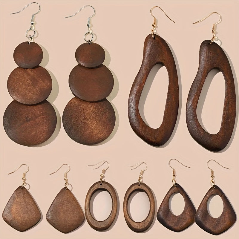 5 paires \ u002F ensemble brun en bois boucles d'oreilles rétro Style Simple poids léger automne hiver oreille ornements