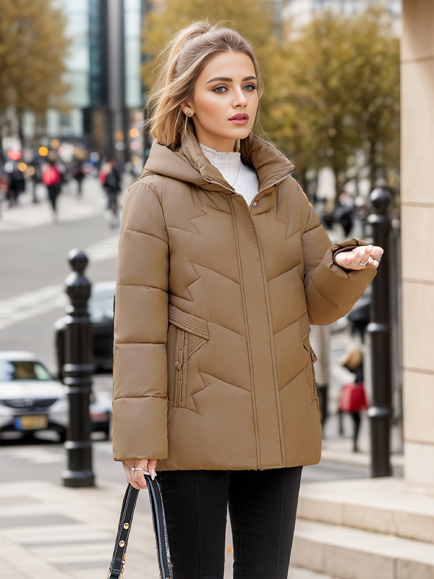 Zip-up Hooded Puffy Coat, Casual Thermal Solid Long Sleeve Coat For Fall & Winter, Women's Clothing