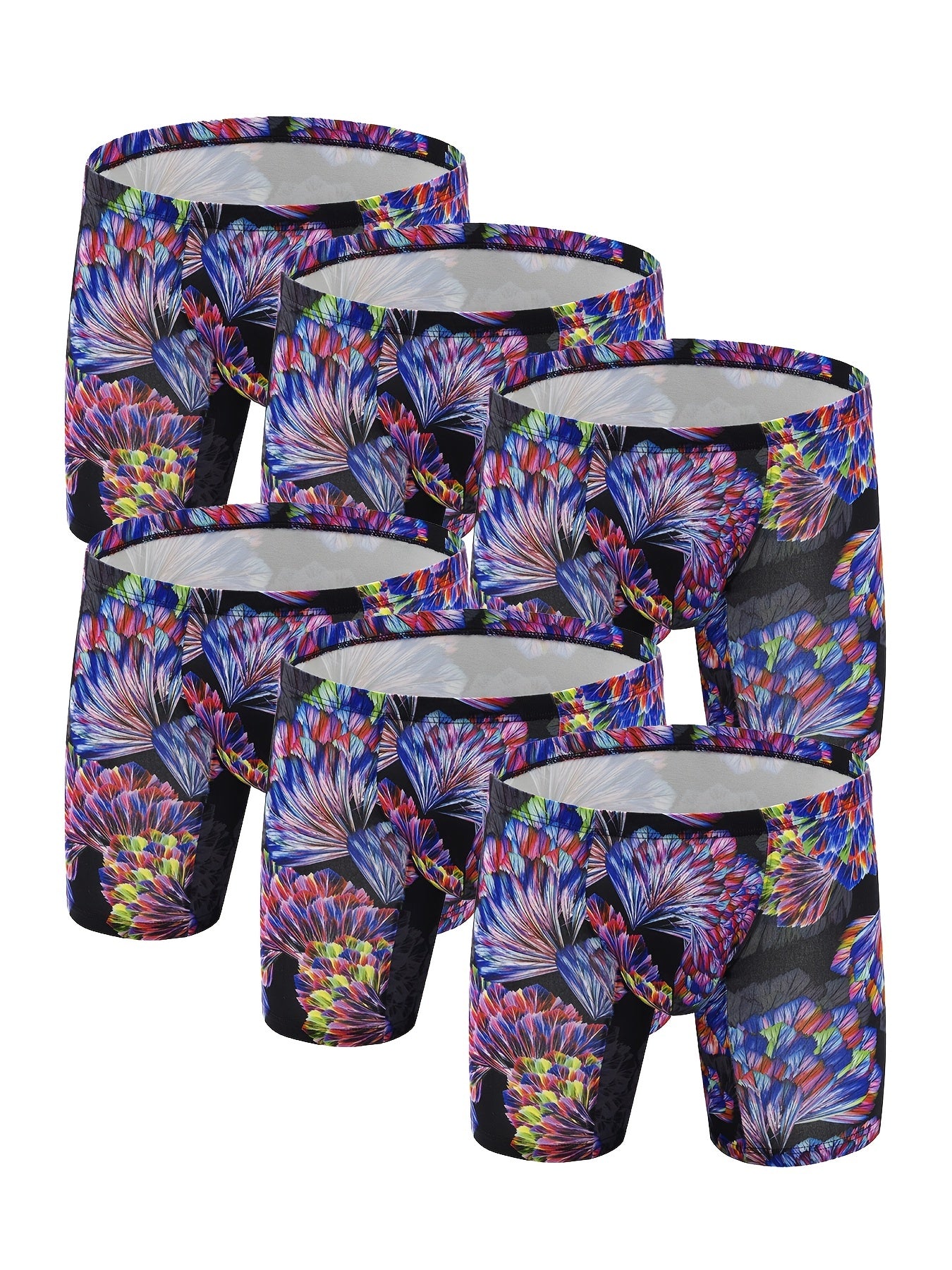 6pcs Men's Flower Pattern Fashion Personality Long Leg Boxer Briefs Shorts, Breathable Comfy Quick Drying Stretchy Boxer Trunks, U-shaped Convex Pouch Panties, Men's Underwear