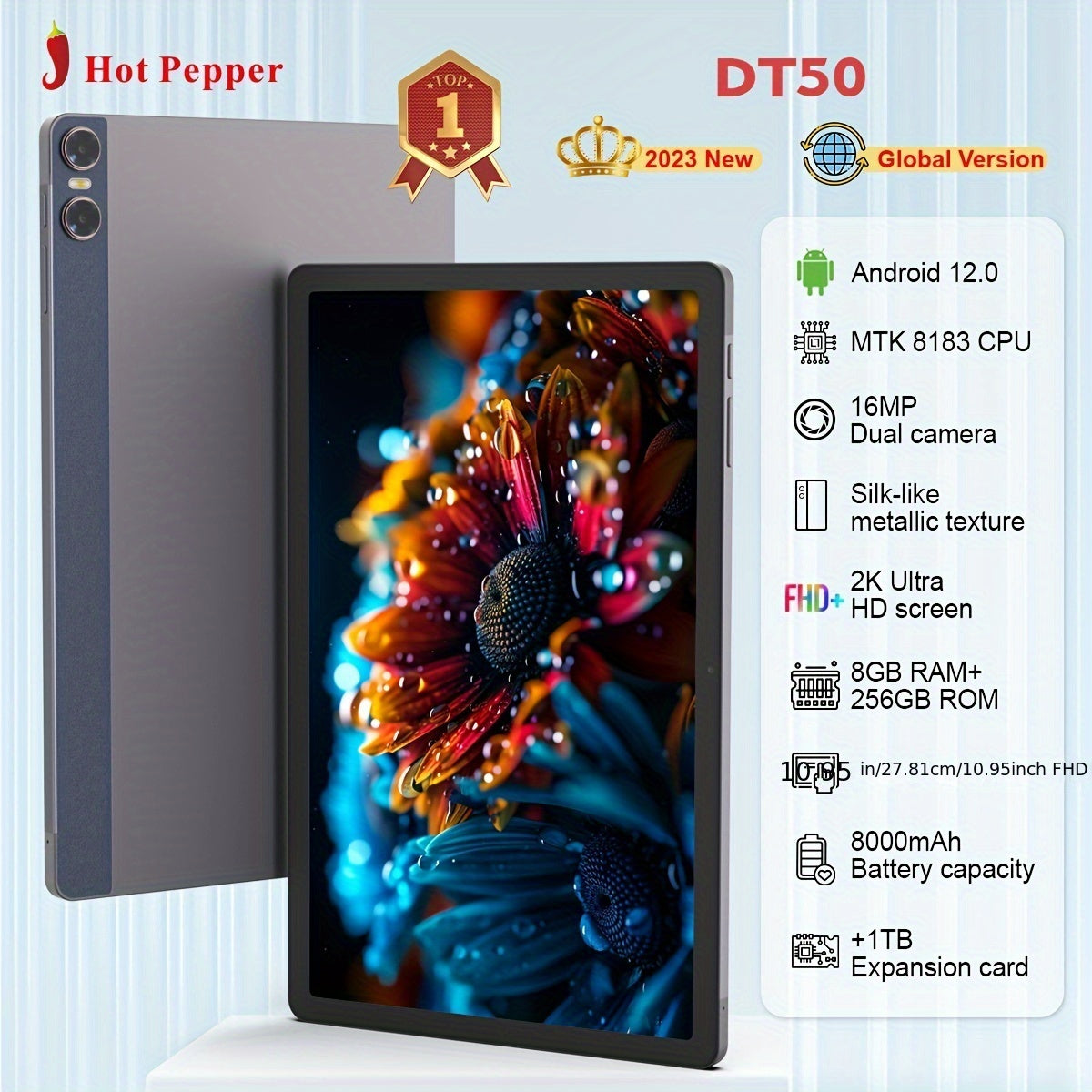 HOT PEPPER DT50 Pad Global Version Tablet\u002F8GB+256GB+1TB TF Expansion\u002FAndroid 12\u002F10.95 IPS 1200x2000\u002FMTK8183\u002F5G WiFi\u002F1080P Full HD Video Playback\u002F8MP Front+16MP Rear Camera