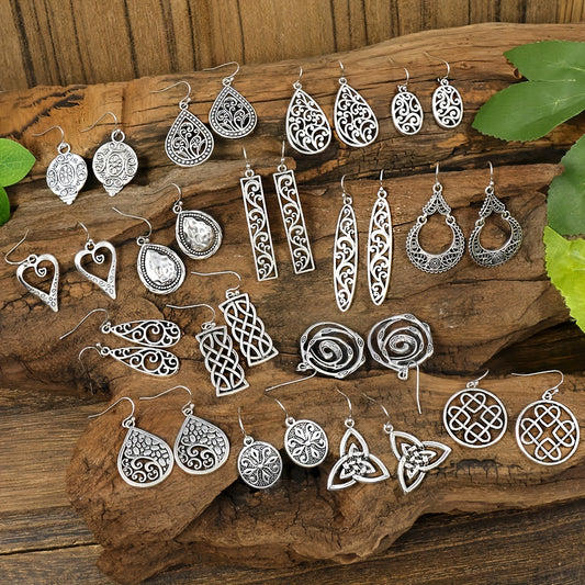 16 Pairs \u002F Set Silvery Carved Pattern Dangle Earrings Retro Ethnic Style Zinc Alloy Jewelry Holiday Tourism Souvenir