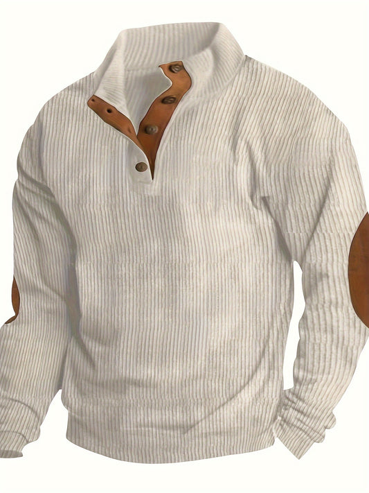 Casual Ribbed Men's Retro Color Block Comfy Long Sleeve Henley Shirt With Stand Collar, Fall Winter