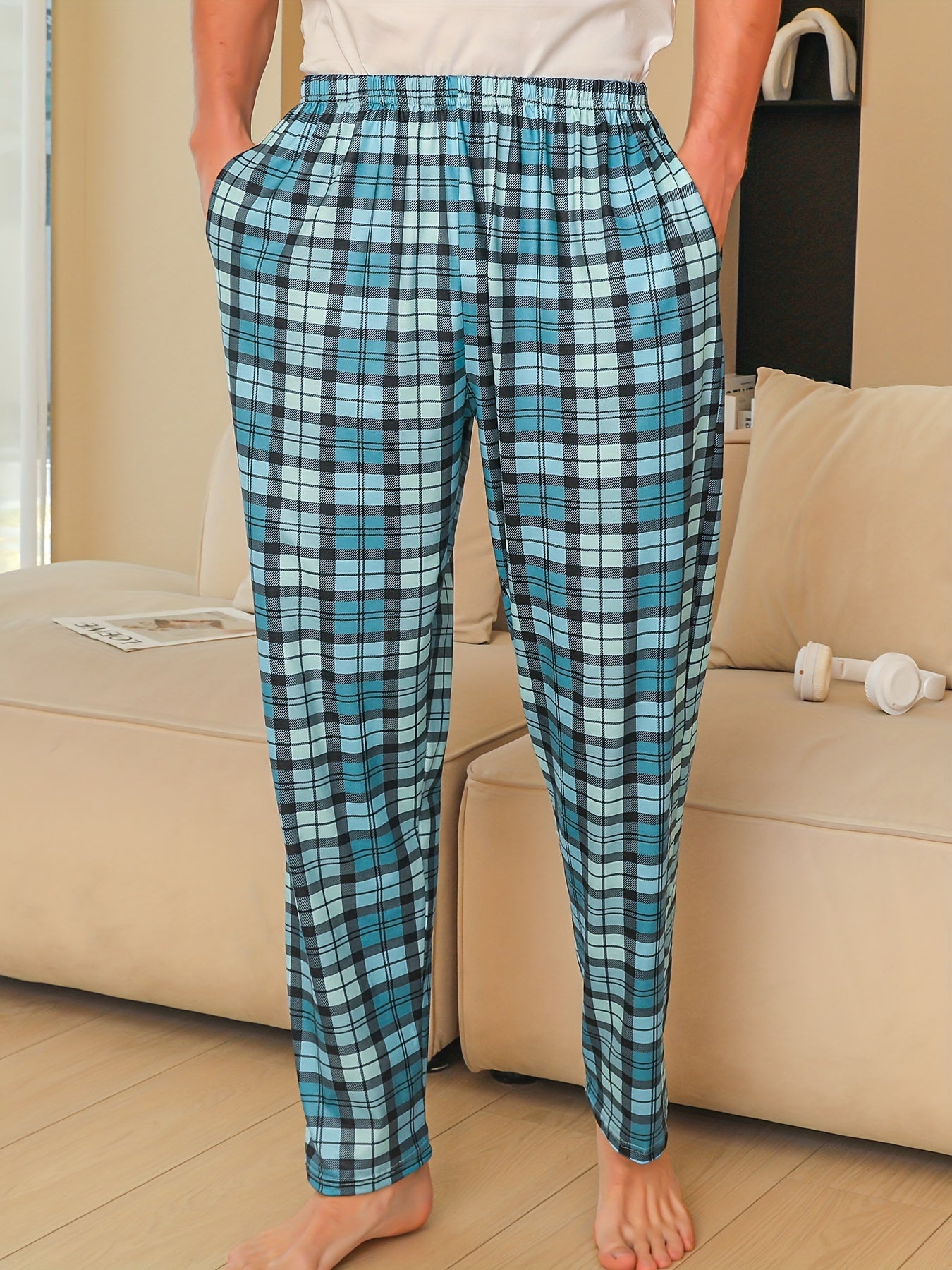 3pcs Men's Simple Style Plaid Pattern Casual Comfy Pants, Trendy Loose Stretchy Elastic Waist Home Pajamas Bottom, Suitable For Sleeping Home