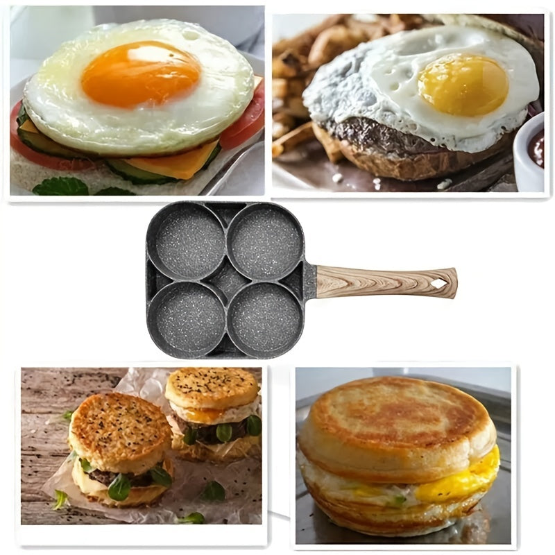 1pc Four-hole Fried Egg Pot, Household Non-stick Fry Pan For Egg, Non Stick Ham Pancake Maker, Egg Burger Pan With Wooden Handle