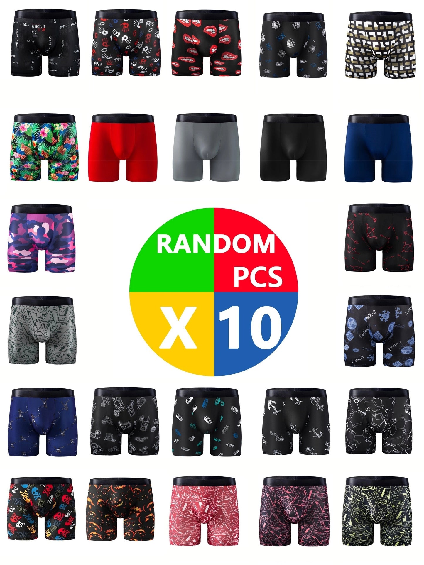 10pcs Random Set Men's Long Boxers Briefs Shorts, Ice Silk Breathable Comfy Stretchy Quick Drying Sports Boxers Trunks, Men's Novelty Graphic Underwear