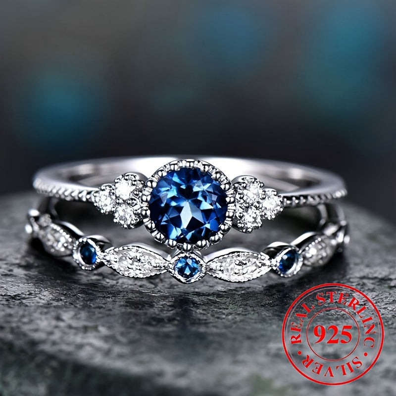 2pcs 925 Sterling Silver Stacking Rings Paved Shining Gemstone Symbol Of Beauty And Romance Engagement \u002F Wedding Ring High Quality Jewelry