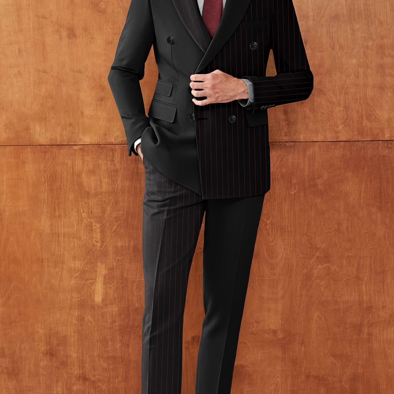 Formal 2 Pieces Set, Men's Double Breasted Striped Suit Jacket & Dress Pants Suit Set For Business Dinner Wedding Party