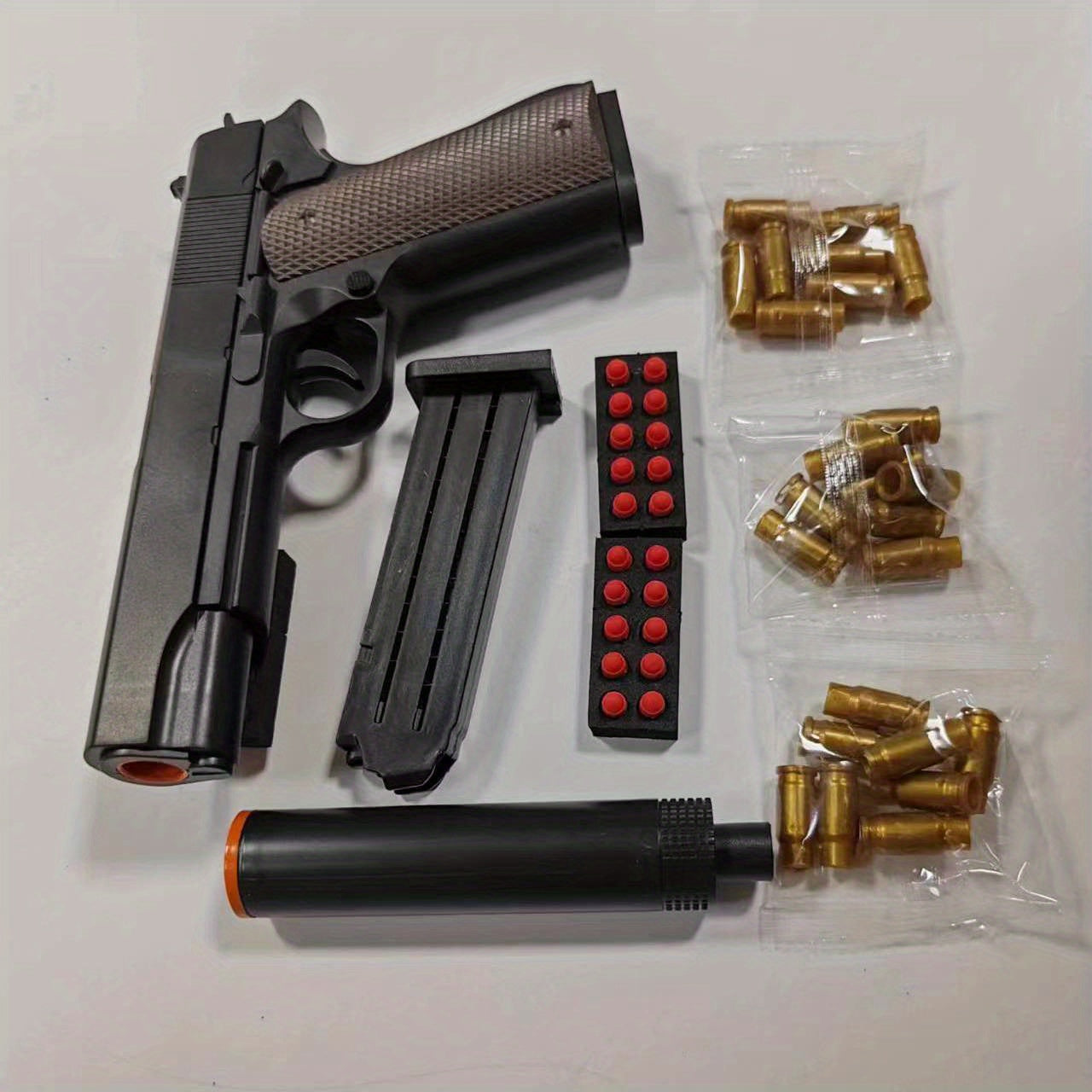 (Upgraded Won't Be A Card Shell) 48pcs M1911 Toy Gun Set (1 Toy Gun + 24 Egg Shell + 20 Bullets + 1 Silencer + 2 Bullet Clips) Halloween Thanksgiving Christmas Gift