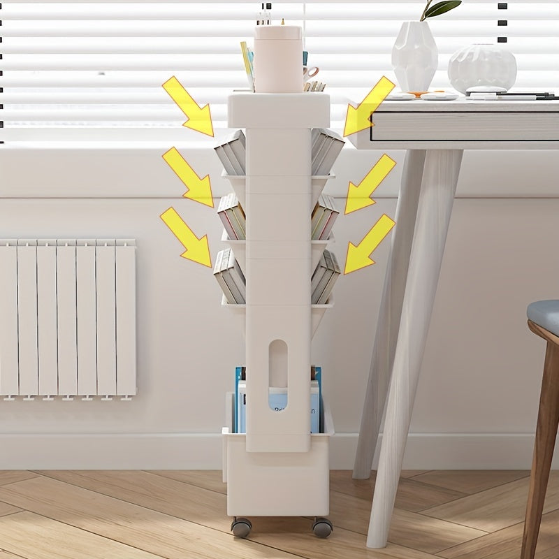 1 estante de mesa extraíble de 5 niveles, estante de almacenamiento de libros con ruedas, estante de almacenamiento de revistas y periódicos, adecuado para escuela, aula, oficina, estudio, dormitorio, sala de estar